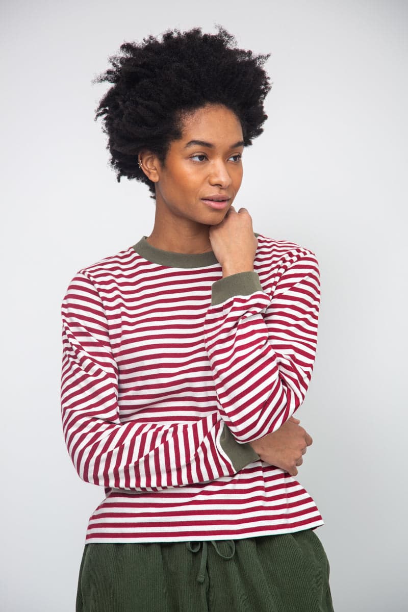 Sierra-Sue Organic Cotton Stripe Jersey Top in Burgundy & Off White Stripe