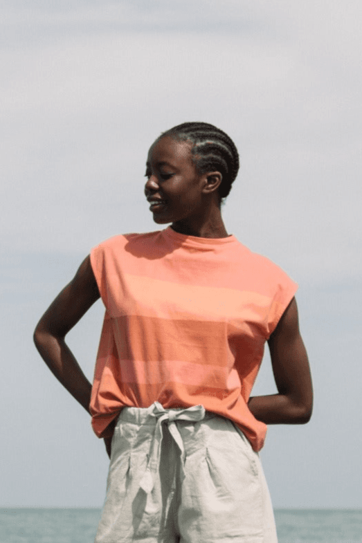 Aukai-Jo Organic Cotton Top in Coral Multi Stripe