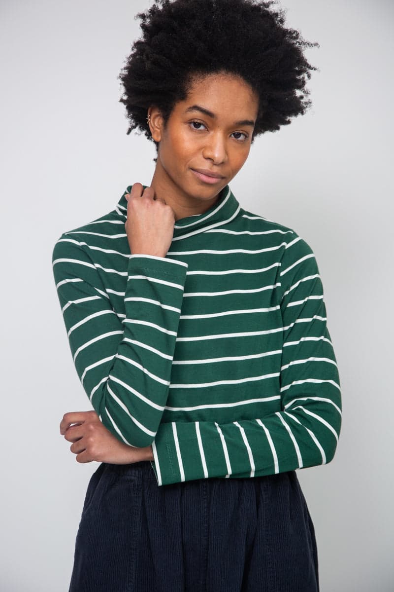 Pine-Sue Organic Cotton Stripe Jersey Top in Pine Green & Off White Stripe