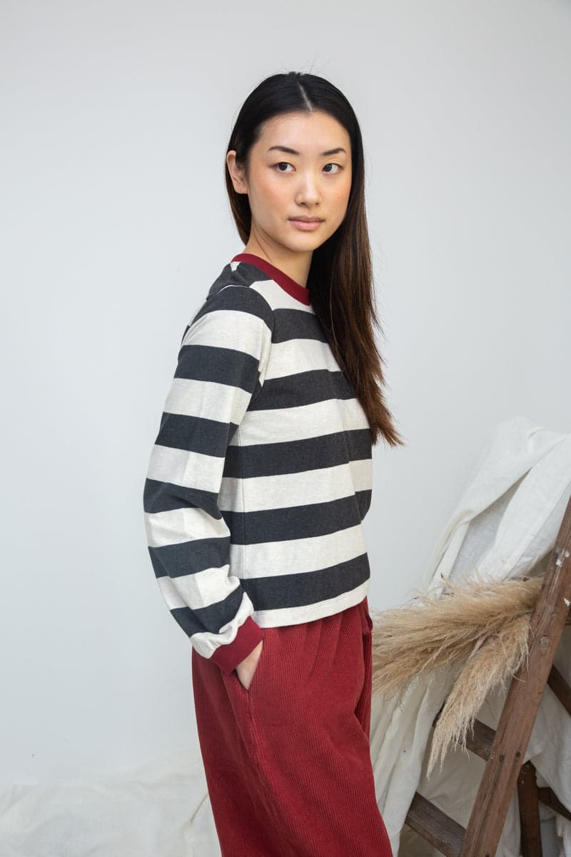 Sierra-Sue Organic Cotton Stripe Jersey Top in Charcoal & Ecru Marl Stripe
